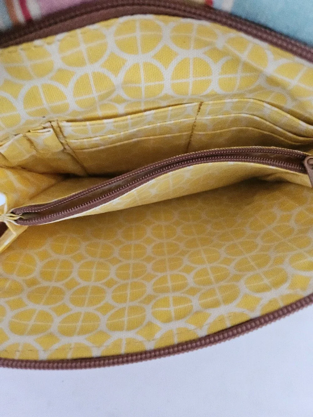 Fossil Watercolor Striped Organizer Denim Fabric Cross Body Purse W/fossil Key